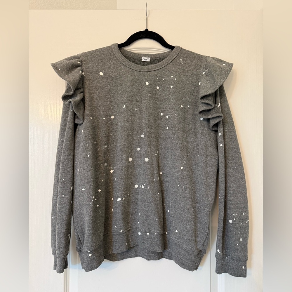 Clare V Gray Ruffle Shoulder Sweatshirt with White Paint Splatter